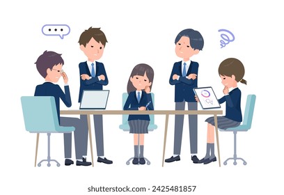 Schüler, die ein Treffen mit mehreren Personen haben, schlechter Eindruck. Sorgenszene.