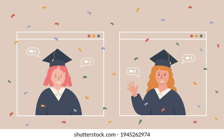 Students having online graduation party and video chat to celebrate ending of studies. Two woman in academic robe and cap having online discussion on computer app screen. Vector online education.