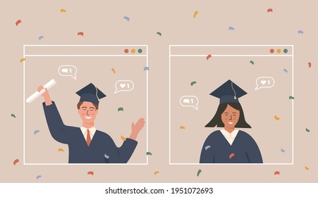 Students having online graduation party and video chat to celebrate ending of studies. Two woman in academic robe and cap having online discussion on computer app screen. Vector online education.