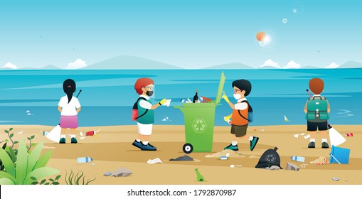 Los estudiantes están ayudando a recoger basura y plástico en la playa.
