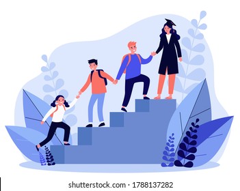 Students helping each other to climb upstairs. High school graduate, holding hands, team of friends flat vector illustration. Education, teamwork concept for banner, website design or landing web page
