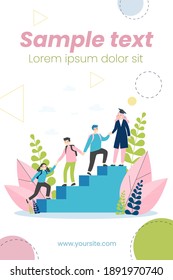 Students helping each other to climb upstairs. High school graduate, holding hands, team of friends flat vector illustration. Education, teamwork concept for banner, website design or landing web page