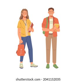 Students Of High School, College Or University, Boy And Girl Isolated Flat Cartoon Characters. Vector Guys Woman And Man, Teenager Standing With Backpacks And Books In Hands, Education And Knowledge