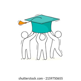 Students hold big graduation cap. Concept of education, academic degree, celebration ceremony in university, high school or college. Vector doodle illustration of graduates with mortarboard