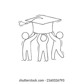 Students hold big graduation cap. Concept of education, academic degree, celebration ceremony in university, high school or college. Vector doodle illustration of graduates with mortarboard
