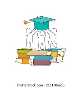 Students hold big graduation cap. Concept of education, academic degree, celebration ceremony in university, high school or college. Vector doodle illustration of graduates with books stacks