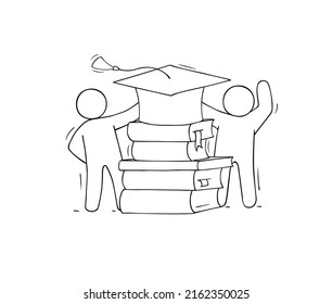 Students hold big graduation cap. Concept of education, academic degree, celebration ceremony in university, high school or college. Vector doodle illustration of graduates with books stacks