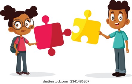 
Students Holding a Big Educational Puzzle Vector Cartoon Illustration. Happy friends collaborating to complete a jigsaw game 
