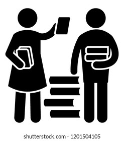 Studierende, die einen Stack von Büchern mit Symbolen für die Bücherverteilung halten