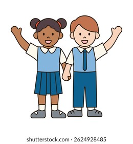 STUDENTS HOLDING HANDS UP children illustration simple outline drawing character doodle diverse race and ethnicity people cute kawaii style