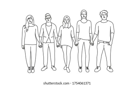Students holding hands. Line drawing vector illustration.