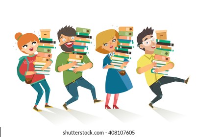 Students holding pile of books. Youth crowd with books isolated on white. Colorful vector illustration in flat style