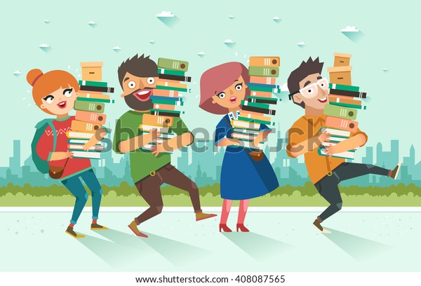 山積みの本を持つ学生 都市の背景に青年が本でにぎわう フラットスタイルのカラフルなベクターイラスト のベクター画像素材 ロイヤリティフリー
