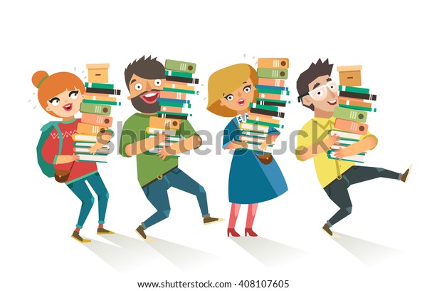 山積みの本を持つ学生。青年は白い背景に本が群がる。フラットスタイルのカラフルなベクターイラスト