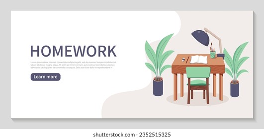 Student's home workplace. Can use for web banner, infographics, online School. Flat vector illustration isolated on white background.