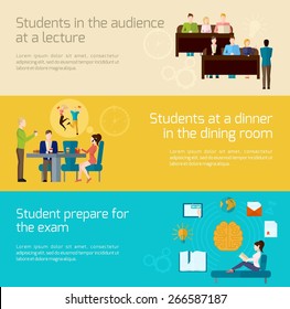 Students horizontal banner set with lecture audience dining and exam elements isolated vector illustration