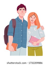 Students hugging. Brunette guy and redhead girl. Stylish smiling boy and girl. Young generation pupils or millennials.Highschool teenager classmate concept or young college students.Back to school.