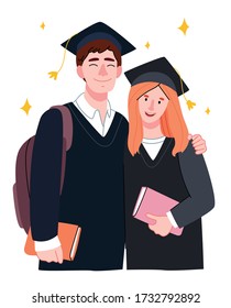 Students hugging. Brunette guy and redhead girl.Graduation Celebrates Graduation College School Degree Successful Concept.Flat cartoon vector illustration.