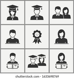 Students icon set. Black vector illustrations isolated on white.