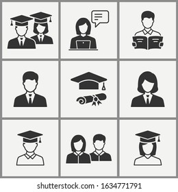 Students icon set. Black vector illustrations isolated on white.