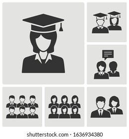 Students icon set. Black vector illustrations isolated on white.