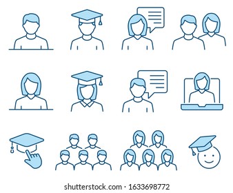 Students icons, such as teacher, academic, graduation cap, group and more. Vector illustration isolated on white. Editable stroke.