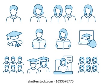 Students icons, such as teacher, academic, graduation cap, group and more. Vector illustration isolated on white. Editable stroke.