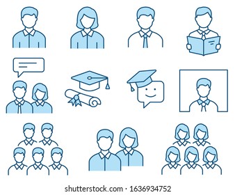 Students icons, such as teacher, academic, graduation cap, group and more. Vector illustration isolated on white. Editable stroke.