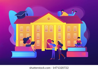 Students Interacting With Each Other, Making Friends At University. College Campus Tours, University Campus Events, On-campus Learning Concept. Bright Vibrant Violet Vector Isolated Illustration