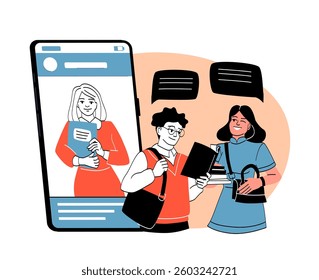Students interacting through online and offline communication, featuring a smartphone with a female student on screen and two students conversing outside. Educational concept. Vector illustration