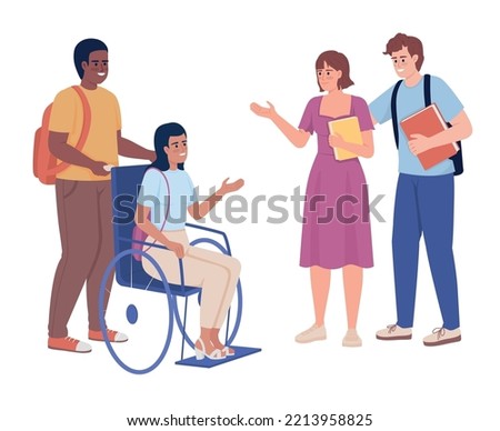Students interaction semi flat color vector characters. Editable figures. Full body people on white. Social inclusion and equity simple cartoon style illustration for web graphic design and animation