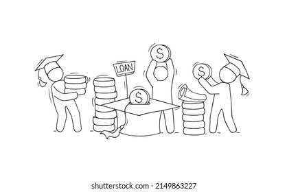 Students invest money in education. Concept of tuition cost, scholarship, school grant. Vector hand drawn illustration with character put gold coins in graduation cap
