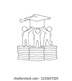 Students invest money in education. Concept of tuition cost, scholarship, school grant. Vector hand drawn illustration with characters, gold coins, big graduation cap