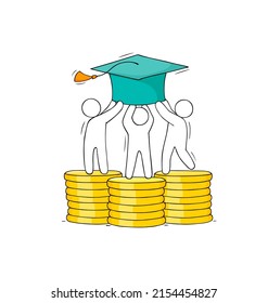 Students invest money in education. Concept of tuition cost, scholarship, school grant. Vector hand drawn illustration with characters, gold coins, big graduation cap