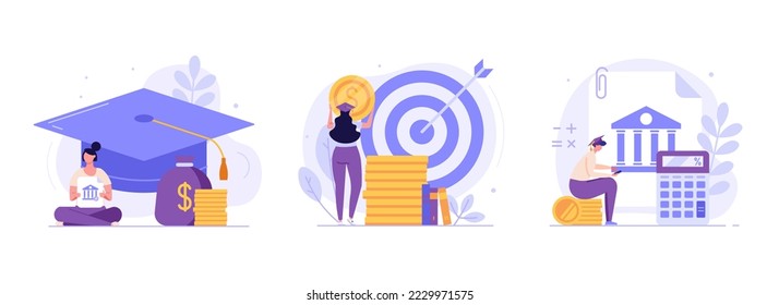 Students investing money in education. People pay tuition fee in university. Student taking education loan in bank. Concept of student loan, education credit, paid training. Vector illustration