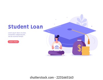 Students investing money in education. People pay tuition fee in university. Student taking education loan in bank. Concept of student loan, education credit, paid training. Vector illustration
