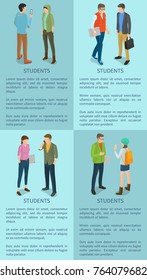 Students isolated vector illustration on collection of posters with light blue background. Cartoon style casually-dressed men and women during break