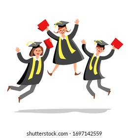 Students Jumping And Celebrate Graduation Vector. Characters Happy And Smiling Young Students Boy And Girls With Diplomas Wear Gown And Hat. University Graduate Celebration Flat Cartoon Illustration