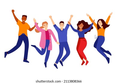 Students jumping. Young men and women smiling and  jumping together. Group of happy people celebrating victory. Vector illustration isolated on white. 