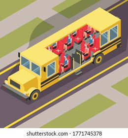 Students are keeping their distance while using school bus during new normal