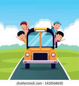 Students kids with backpack in the school bus at sunny day, back to school. vector illustration graphic design