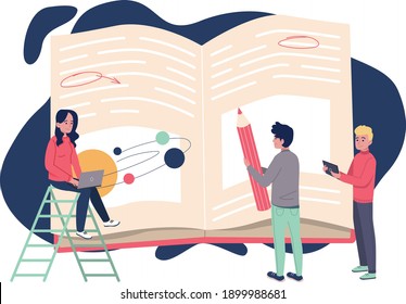 Students kids on background of a book with text. Flat design illustration. Vector