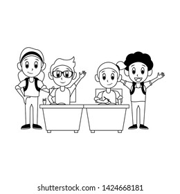 Students kids in school seated on desks cartoon vector illustration graphic design