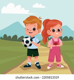 students kids with soccer balloon characters