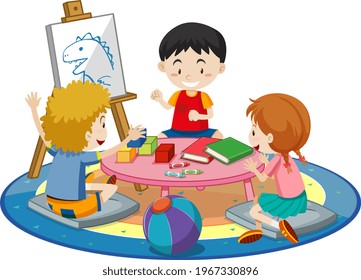 Students with kindergarten room elements on white background illustration