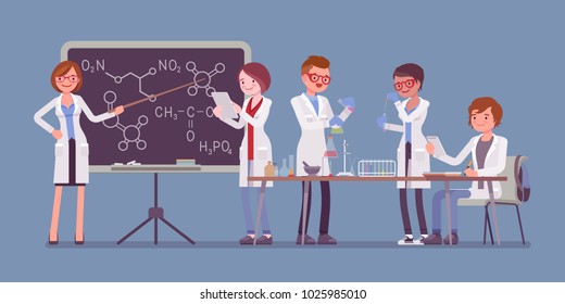 Students In The Lab. Young People Studying At A University, Have Chemistry Lesson In Physical Or Natural Laboratory. Science And Education Concept. Vector Flat Style Cartoon Illustration