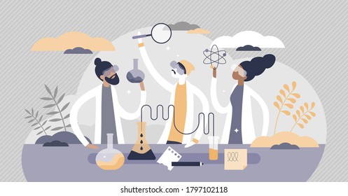 Students in laboratory with science experiment research tiny persons concept. Biology, chemistry and physics educational environment vector illustration. Academic knowledge learning in university lab.