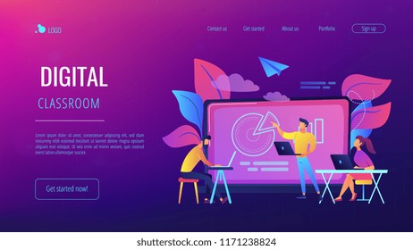 Students with laptop and lector in front of interactive board. Digital classroom landing page. Blended learning and smart classroom, modern education. Vector illustration on ultraviolet background