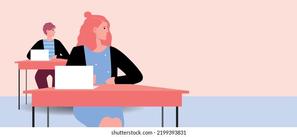 Students with laptops in classroom at school, college, flat vector stock illustration or copy space template for overlay