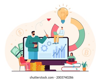 Students with laptops learning about cryptocurrency and trading. Online business school or academy flat vector illustration. Education, financial literacy, university concept for website design